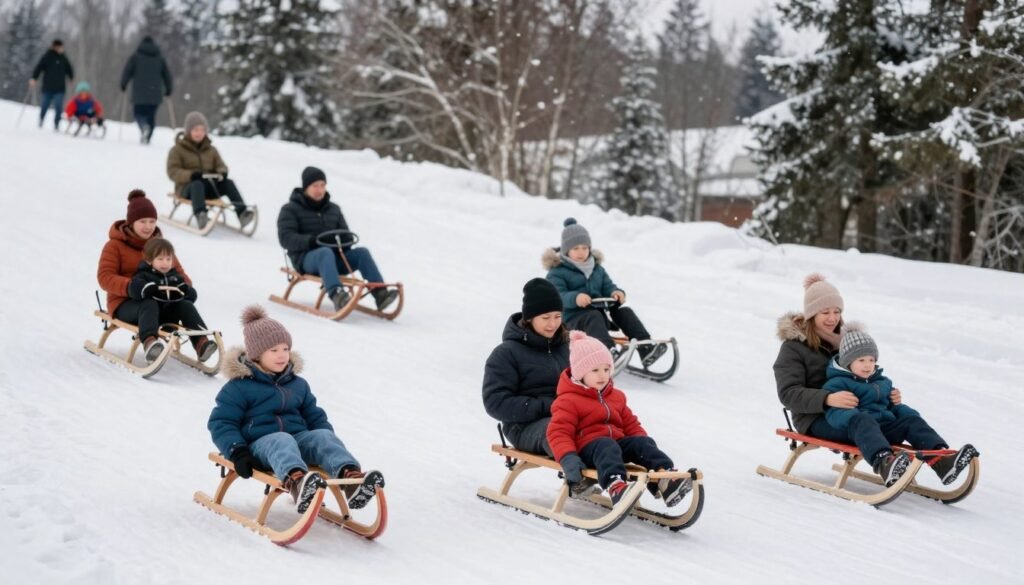 Familie mit verschiedenen Schlittentypen auf einem verschneiten Hang
