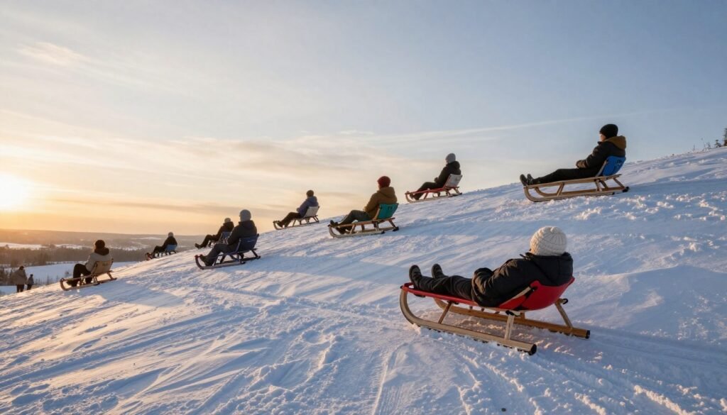 Verschiedene Schlittentypen auf verschneitem Hang bei Sonnenuntergang