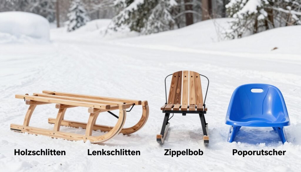 Verschiedene Schlittentypen im Vergleich: Holzschlitten, Lenkschlitten, Zipfelbob und Poporutscher