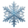 Eine Nahaufnahme einer detaillierten, symmetrischen Schneeflocke mit sechs komplizierten, kristallinen Armen, die in einem frostigen, eisigen blau-weißen Muster vor einem transparenten Hintergrund schimmern.